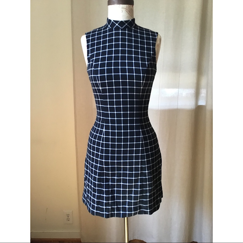 Grid Print Mock Neck Mini Dress